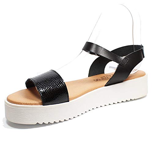 Sandalia de Plataforma Recta, en Color Negro - Plantilla de Gel y Suela de Goma Antideslizante - Sandalia de Piel - Hecho en España (Numeric_37)