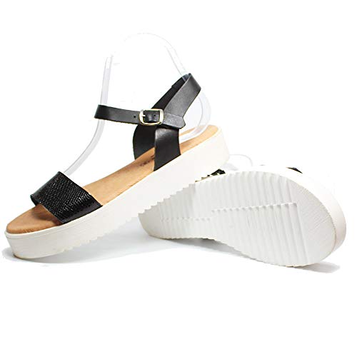 Sandalia de Plataforma Recta, en Color Negro - Plantilla de Gel y Suela de Goma Antideslizante - Sandalia de Piel - Hecho en España (Numeric_37)