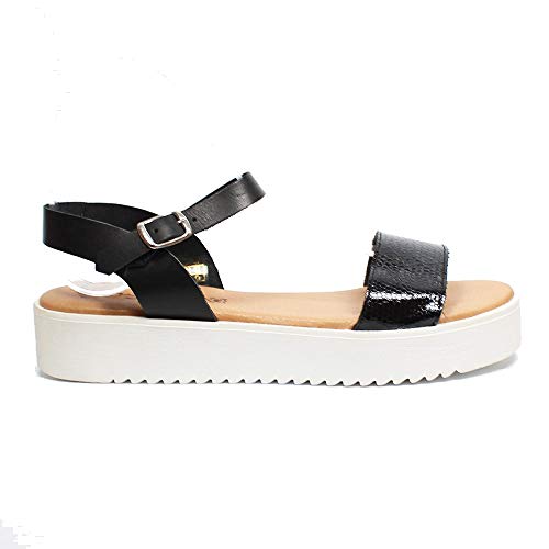 Sandalia de Plataforma Recta, en Color Negro - Plantilla de Gel y Suela de Goma Antideslizante - Sandalia de Piel - Hecho en España (Numeric_37)