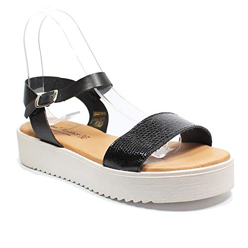 Sandalia de Plataforma Recta, en Color Negro - Plantilla de Gel y Suela de Goma Antideslizante - Sandalia de Piel - Hecho en España (Numeric_37)