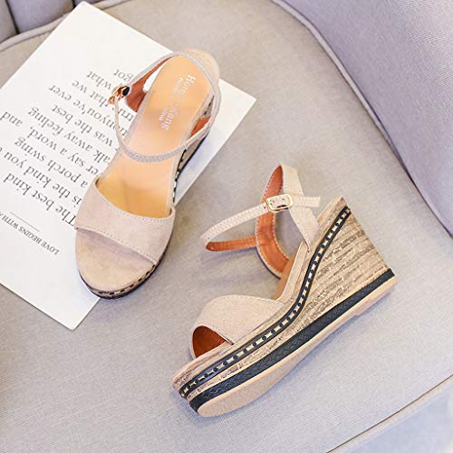 Sandalias de Cuña Mujer Verano 2019 - Alto Tacon 9.5cm - Elegante Zapatos con Plataforma 4CM - de Vestir para Playa Fiesta - Talla 35-40