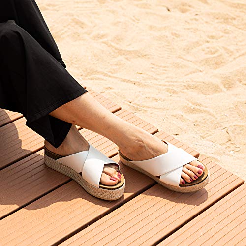 Sandalias Mujer Alpargatas Cuña Plataforma Chanclas Verano Playa Zapatillas de Cinturón Cruzado Punta Abierta Tacón 5.3 cm 1-Blanco EU40