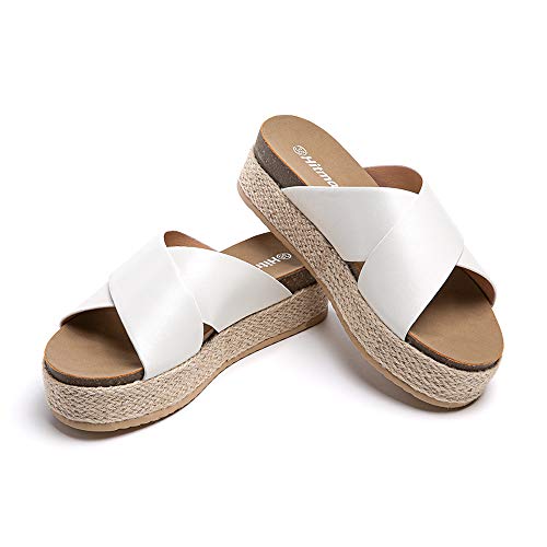 Sandalias Mujer Alpargatas Cuña Plataforma Chanclas Verano Playa Zapatillas de Cinturón Cruzado Punta Abierta Tacón 5.3 cm 1-Blanco EU40