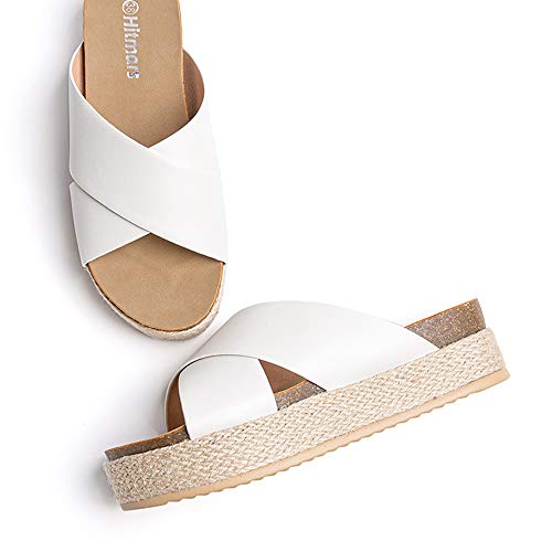 Sandalias Mujer Alpargatas Cuña Plataforma Chanclas Verano Playa Zapatillas de Cinturón Cruzado Punta Abierta Tacón 5.3 cm 1-Blanco EU40