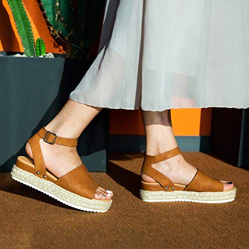 Sandalias Mujer Alpargatas Plataformas Romano Cuña Hebilla Gladiador Zapatos Verano Playa Punta Abierta Tacon 5.6cm Correa de Tobillo 1-Marrón EU37