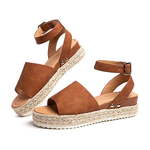 Sandalias Mujer Alpargatas Plataformas Romano Cuña Hebilla Gladiador Zapatos Verano Playa Punta Abierta Tacon 5.6cm Correa de Tobillo 1-Marrón EU37