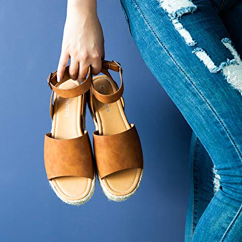 Sandalias Mujer Alpargatas Plataformas Romano Cuña Hebilla Gladiador Zapatos Verano Playa Punta Abierta Tacon 5.6cm Correa de Tobillo 1-Marrón EU37