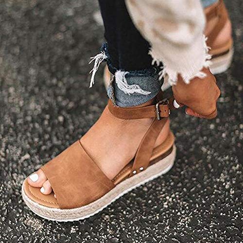 Sandalias Mujer Plataformas Alpargatas Cuña Verano Hebilla Zapatos Playa Punta Abierta Tacon 5.5cm Correa de Tobillo Negro Marrón Gris Leopardo EU35-EU43 Marrón EU39