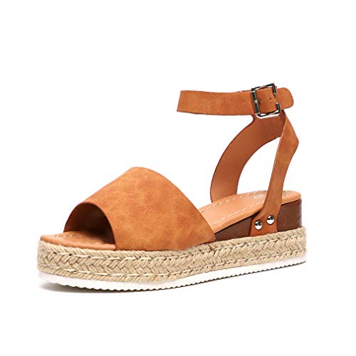 Sandalias Mujer Plataformas Alpargatas Cuña Verano Hebilla Zapatos Playa Punta Abierta Tacon 5.5cm Correa de Tobillo Negro Marrón Gris Leopardo EU35-EU43 Marrón EU39