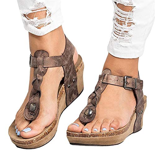 Sandalias Mujer Plataformas Cuña Verano Alpargatas Tacon 7cm Vestir Sandalias y Chanclas Romanas Flipflop Bohemias Zapatos Negro Beige Marrón 35-43 EU Marrón 40
