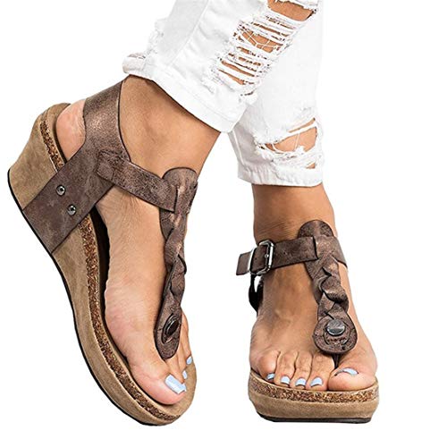 Sandalias Mujer Plataformas Cuña Verano Alpargatas Tacon 7cm Vestir Sandalias y Chanclas Romanas Flipflop Bohemias Zapatos Negro Beige Marrón 35-43 EU Marrón 40