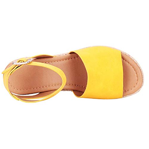 Sandalias Mujer Verano 2019 cáñamo Fondo Grueso Sandalias Punta Abierta Cuero Fondo Plano Zapatos Bohemias Romanas Hebilla Zapatillas Gris 35-43 riou