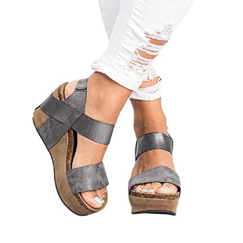 Sandalias Mujer Verano 2019 Zapatos Con Puntera Abierta, Con Banda Elástica Transpirable, Sandalias Grandes Para Mujer Sandalias Tacones Altos Zapatillas Zapatos Chanclas Tacon(Gris,37)