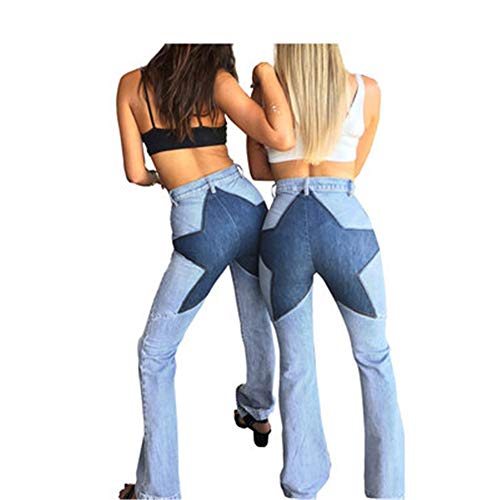 SANJIBAO Pantalones de Mezclilla Pantalones para Las Moda Salvaje Corte de Bota del pantalón Estrella Puntada Pantalones Vaqueros Azul Claro Atractivo (S-2XL),L