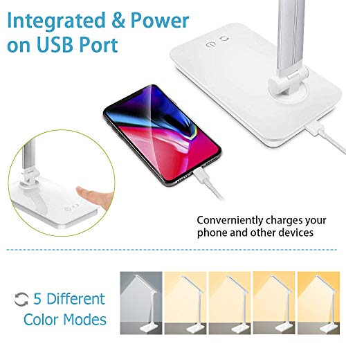 SaponinTree Lámpara Escritorio LED, Lámparas de Mesa USB Recargable con 5 Modos de Colores y 3 Niveles de Brillos, Plegable de Escritorio Control Táctil, Protege a Ojos, para Estudio, Oficina (Blanco)