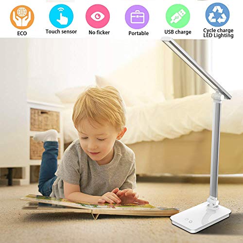 SaponinTree Lámpara Escritorio LED, Lámparas de Mesa USB Recargable con 5 Modos de Colores y 3 Niveles de Brillos, Plegable de Escritorio Control Táctil, Protege a Ojos, para Estudio, Oficina (Blanco)