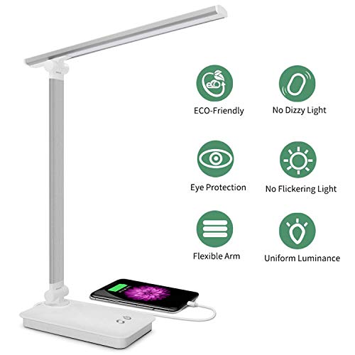SaponinTree Lámpara Escritorio LED, Lámparas de Mesa USB Recargable con 5 Modos de Colores y 3 Niveles de Brillos, Plegable de Escritorio Control Táctil, Protege a Ojos, para Estudio, Oficina (Blanco)