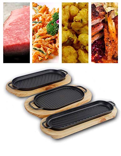 Sartén de hierro fundido Sartén Sartén Plato con mango Cocina Estilo asiático Plato de hierro fundido con tablero de madera 2 Juego