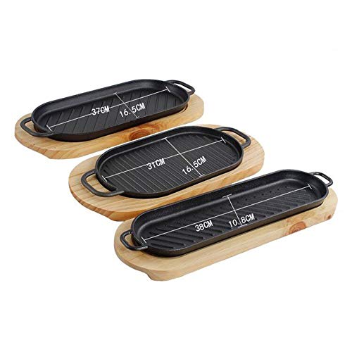 Sartén de hierro fundido Sartén Sartén Plato con mango Cocina Estilo asiático Plato de hierro fundido con tablero de madera 2 Juego