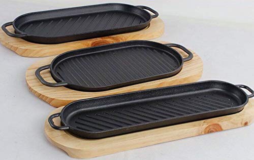 Sartén de hierro fundido Sartén Sartén Plato con mango Cocina Estilo asiático Plato de hierro fundido con tablero de madera 2 Juego