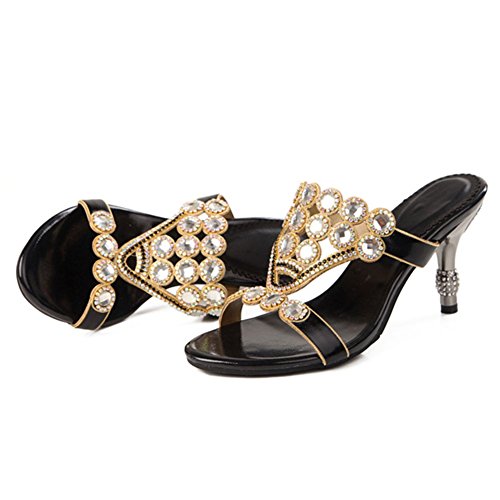 SASA Sandalias de Diamantes de Imitación de Tacón Alto de Moda para Mujer Sandalias de Tacón Alto de Diamantes Negros, EU36/UK4