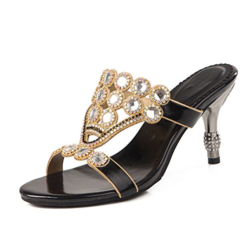 SASA Sandalias de Diamantes de Imitación de Tacón Alto de Moda para Mujer Sandalias de Tacón Alto de Diamantes Negros, EU36/UK4
