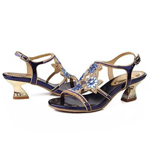 SASA Sandalias de Tacón Alto de Verano de Las Mujeres con Lentejuelas Rhinestone Cabeza Redonda Sandalias Ocasionales Cómodas, Blue, US8/EU39/UK6/CN39