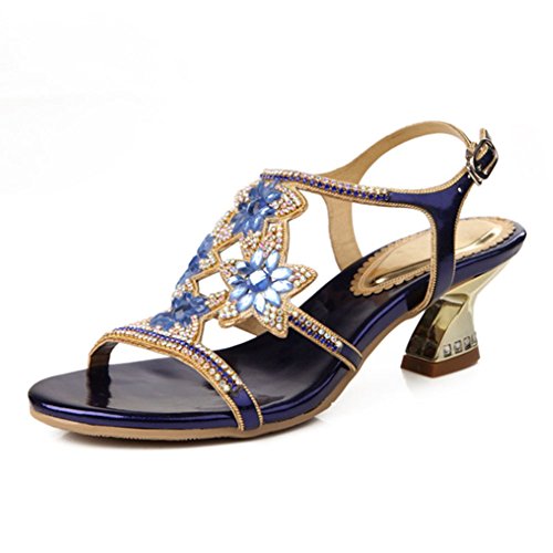 SASA Sandalias de Tacón Alto de Verano de Las Mujeres con Lentejuelas Rhinestone Cabeza Redonda Sandalias Ocasionales Cómodas, Blue, US8/EU39/UK6/CN39