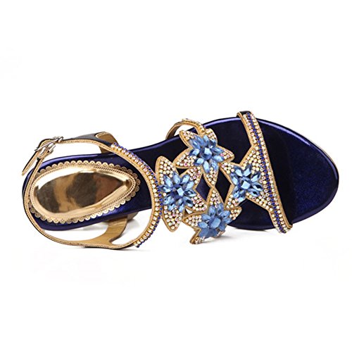 SASA Sandalias de Tacón Alto de Verano de Las Mujeres con Lentejuelas Rhinestone Cabeza Redonda Sandalias Ocasionales Cómodas, Blue, US8/EU39/UK6/CN39
