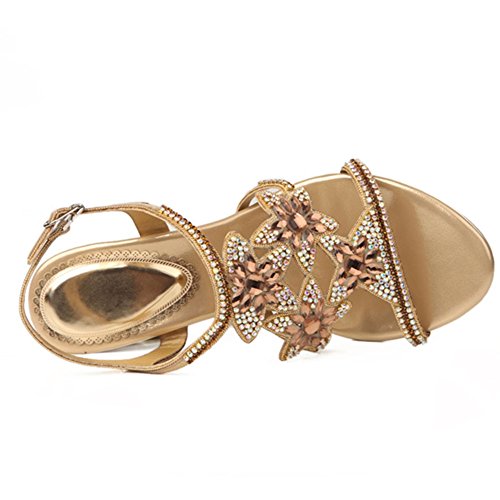 SASA Sandalias de Tacón Alto de Verano de Las Mujeres con Lentejuelas Rhinestone Cabeza Redonda Sandalias Ocasionales Cómodas, Golden, US7.5/EU38/UK5.5/CN38