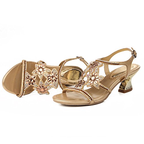 SASA Sandalias de Tacón Alto de Verano de Las Mujeres con Lentejuelas Rhinestone Cabeza Redonda Sandalias Ocasionales Cómodas, Golden, US7.5/EU38/UK5.5/CN38