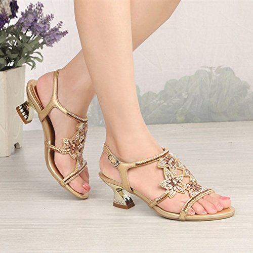 SASA Sandalias de Tacón Alto de Verano de Las Mujeres con Lentejuelas Rhinestone Cabeza Redonda Sandalias Ocasionales Cómodas, Golden, US7.5/EU38/UK5.5/CN38