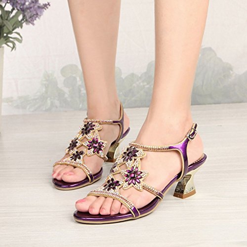SASA Sandalias de Tacón Alto de Verano de Las Mujeres con Lentejuelas Rhinestone Cabeza Redonda Sandalias Ocasionales Cómodas, Purple, US8/EU39/UK6/CN39
