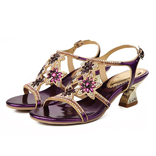 SASA Sandalias de Tacón Alto de Verano de Las Mujeres con Lentejuelas Rhinestone Cabeza Redonda Sandalias Ocasionales Cómodas, Purple, US8/EU39/UK6/CN39