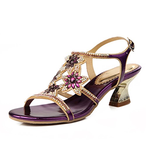 SASA Sandalias de Tacón Alto de Verano de Las Mujeres con Lentejuelas Rhinestone Cabeza Redonda Sandalias Ocasionales Cómodas, Purple, US8/EU39/UK6/CN39