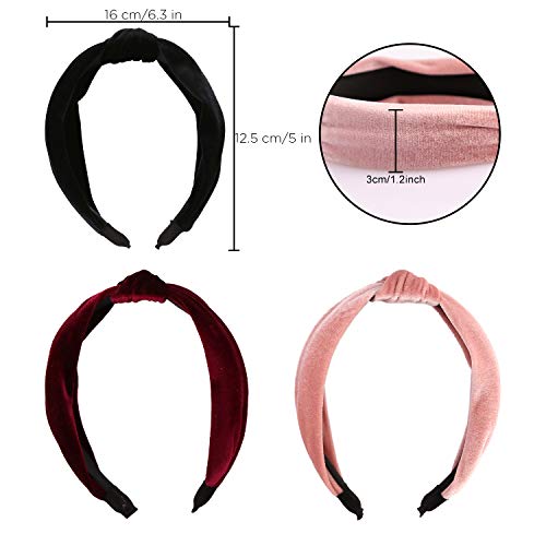 SAVITA 3 Piezas Diademas Diadema de Terciopelo Vintage Diademas Anchas Diadema Anudada Accesorios para el Elásticos Cabello Moda Banda de pelo Para Niña y Mujer (Negra, rosa roja, rosa)