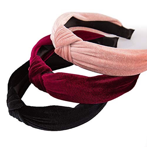 SAVITA 3 Piezas Diademas Diadema de Terciopelo Vintage Diademas Anchas Diadema Anudada Accesorios para el Elásticos Cabello Moda Banda de pelo Para Niña y Mujer (Negra, rosa roja, rosa)