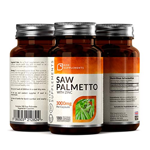 Saw Palmetto Cápsulas 20:1 con Zinc Agregado - Equivalente de 3000 mg por Cápsula | Concentrado de Extracto de Hierbas Para la Salud Reproductiva Masculina | 180 Cápsulas