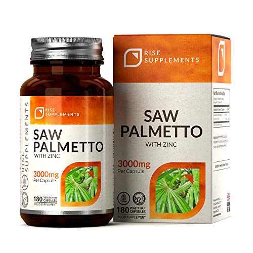 Saw Palmetto Cápsulas 20:1 con Zinc Agregado - Equivalente de 3000 mg por Cápsula | Concentrado de Extracto de Hierbas Para la Salud Reproductiva Masculina | 180 Cápsulas