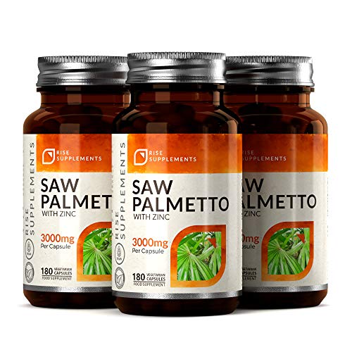 Saw Palmetto Cápsulas 20:1 con Zinc Agregado - Equivalente de 3000 mg por Cápsula | Concentrado de Extracto de Hierbas Para la Salud Reproductiva Masculina | 180 Cápsulas