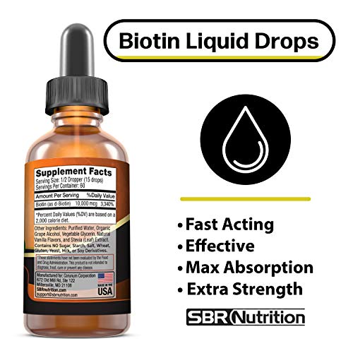 SBR Nutrition MAX absoprtion biotin liquid dDrops, 10000mcg de biotina por porción, 60 porciones, sin conservantes artificiales, sabor natural de vainilla, vegano