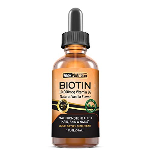 SBR Nutrition MAX absoprtion biotin liquid dDrops, 10000mcg de biotina por porción, 60 porciones, sin conservantes artificiales, sabor natural de vainilla, vegano