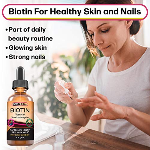 SBR Nutrition MAX absoprtion biotin liquid drops, 5000 mcg de biotina por porción, 60 porciones, sin conservantes artificiales, sabor natural de bayas mixtas, vegano