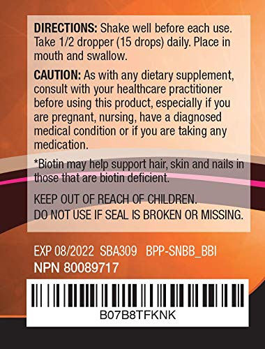 SBR Nutrition MAX absoprtion biotin liquid drops, 5000 mcg de biotina por porción, 60 porciones, sin conservantes artificiales, sabor natural de bayas mixtas, vegano