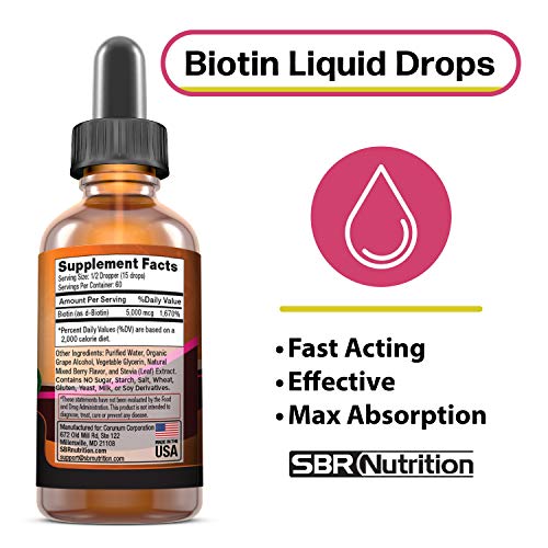 SBR Nutrition MAX absoprtion biotin liquid drops, 5000 mcg de biotina por porción, 60 porciones, sin conservantes artificiales, sabor natural de bayas mixtas, vegano