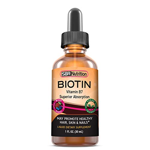 SBR Nutrition MAX absoprtion biotin liquid drops, 5000 mcg de biotina por porción, 60 porciones, sin conservantes artificiales, sabor natural de bayas mixtas, vegano