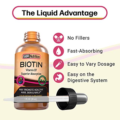 SBR Nutrition MAX absoprtion biotin liquid drops, 5000 mcg de biotina por porción, 60 porciones, sin conservantes artificiales, sabor natural de bayas mixtas, vegano