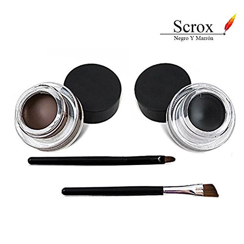 Scrox 2 En 1 Impermeable Gel Eyeliner Set Eyeliners Gel Marrón y Negro con Pincel Maquillaje Ceja