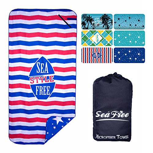 Sea Free Toalla de Playa Grande de Microfibra de Verano 90x180cm, Anti-Arena, Fuerte Absorción de Aguat Súper Blando y Secado Rápido, para Deportes, Viajes, Natación, Playa, Yoga o Baño