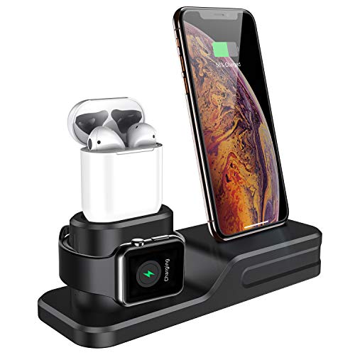 seacosmo Soporte de Carga 3 en 1 para Apple,Estación de Carga Silicona,Base de Cargador para Airpod, iPhone iPhone 6/7/8 Plus /11/11 Pro/XS/XS MAX, iWatch 5/4/3/2/1,Negro